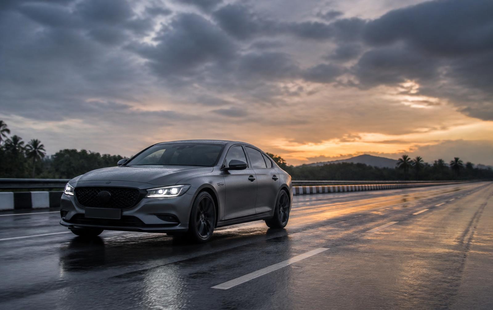 Automotive commercial frame on a highway at dusk