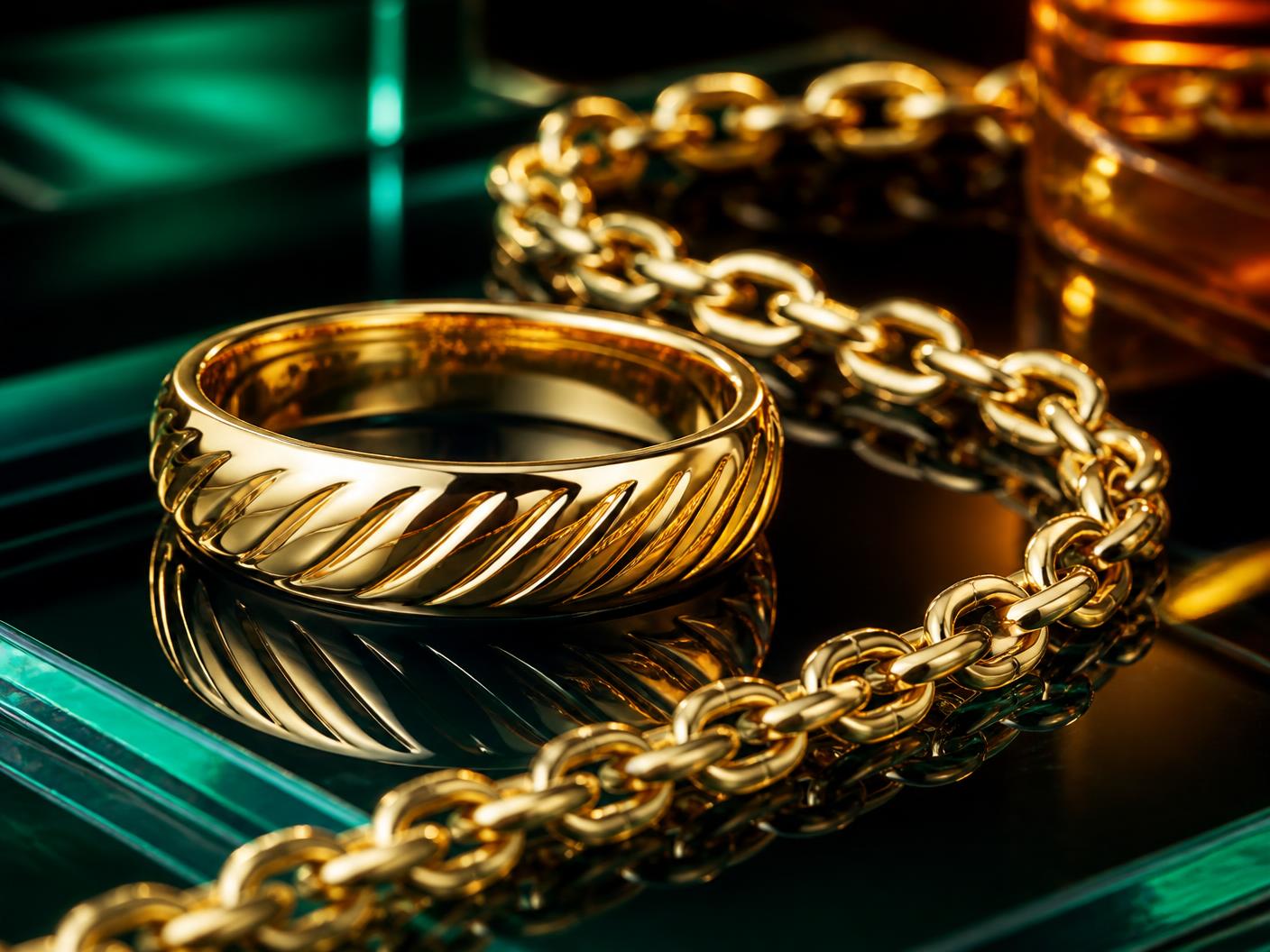 Macro product still of jewellery on reflective glass