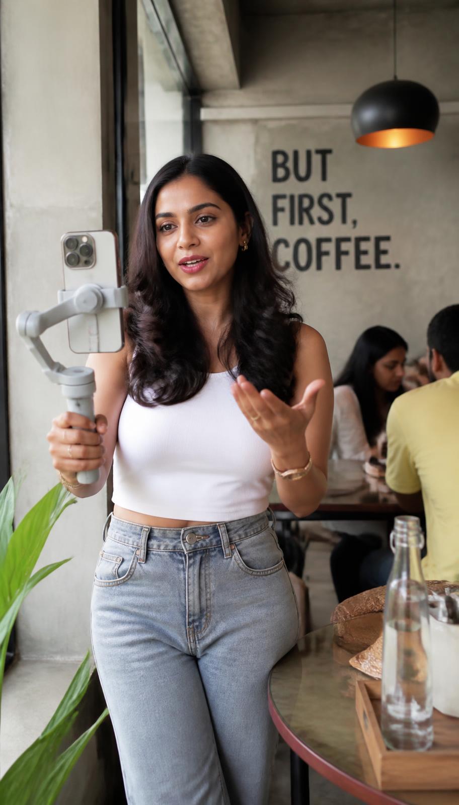 Creator filming a vertical reel in a Mumbai cafe